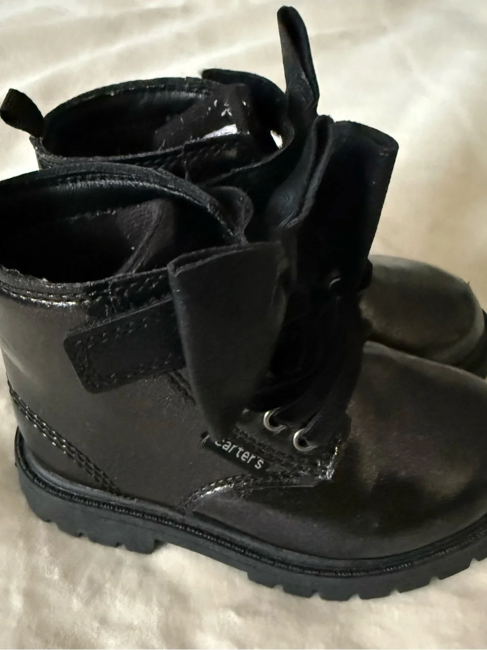 Carters Girls Black CombatBoots with Bow Hook and Loop Closure and Velvet Laces